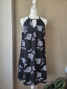 Candie's Black Floral Halter Shift Dress Size M Keyhole Rose Print